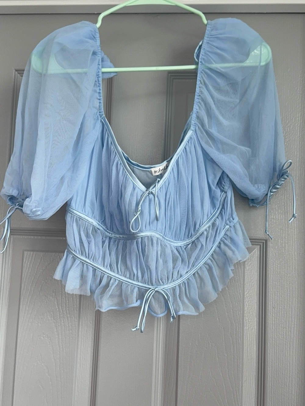 For Love And Lemons Light Blue Sheer Puff-Sleeve Ruffle Top